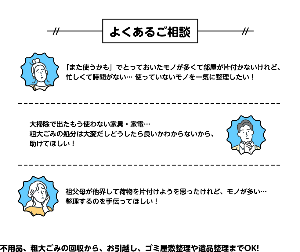 良くあるご相談。「また使うかも」でとっておいたモノが多くて部屋が片付かないけれど、忙しくて時間がない…使っていないモノを一気に整理したい！