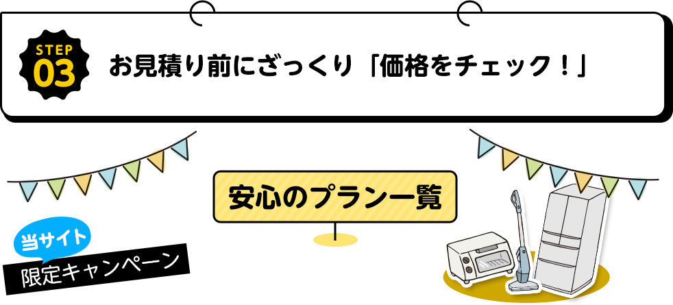 STEP03お見積り前にざっくり「価格チェック！」安心のプラン一覧当。当サイト限定キャンペーン。